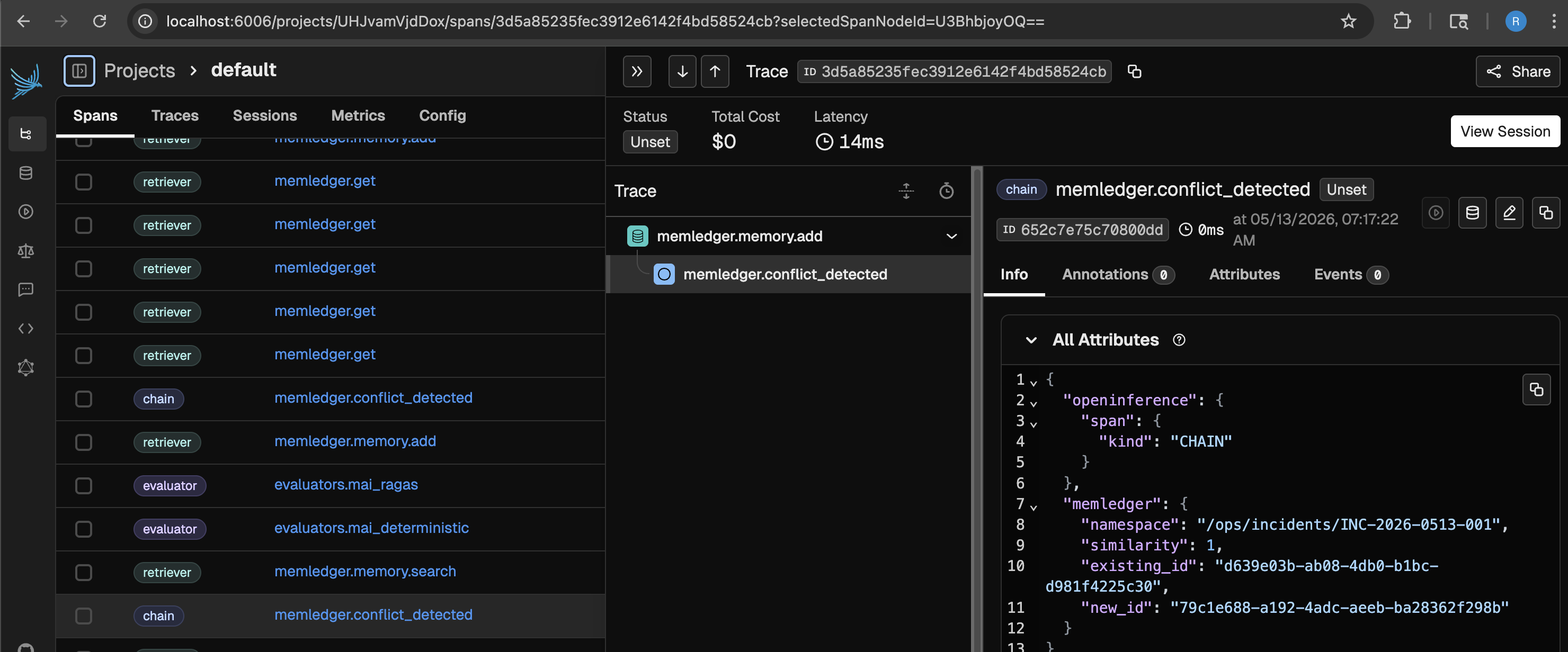 Phoenix span list with memledger.* attributes